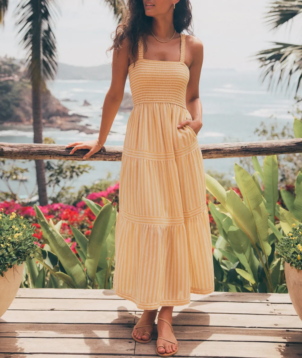 Yellow Striped Tiered Midi Dress