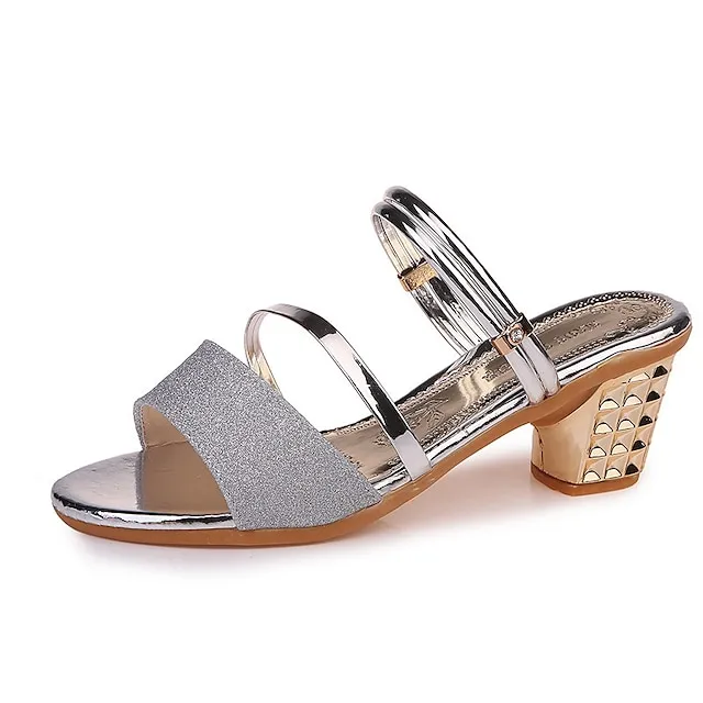 Women's Sandals Dress Shoes Sparkly Sandals Party Daily Summer Block Heel Low Heel Chunky Heel Open Toe Elegant Casual PU Leather PU Loafer Solid Color Black Silver Gold