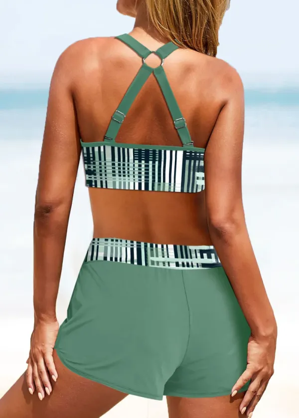 Metal Ring Geometric Print Sage Green Bikini Top