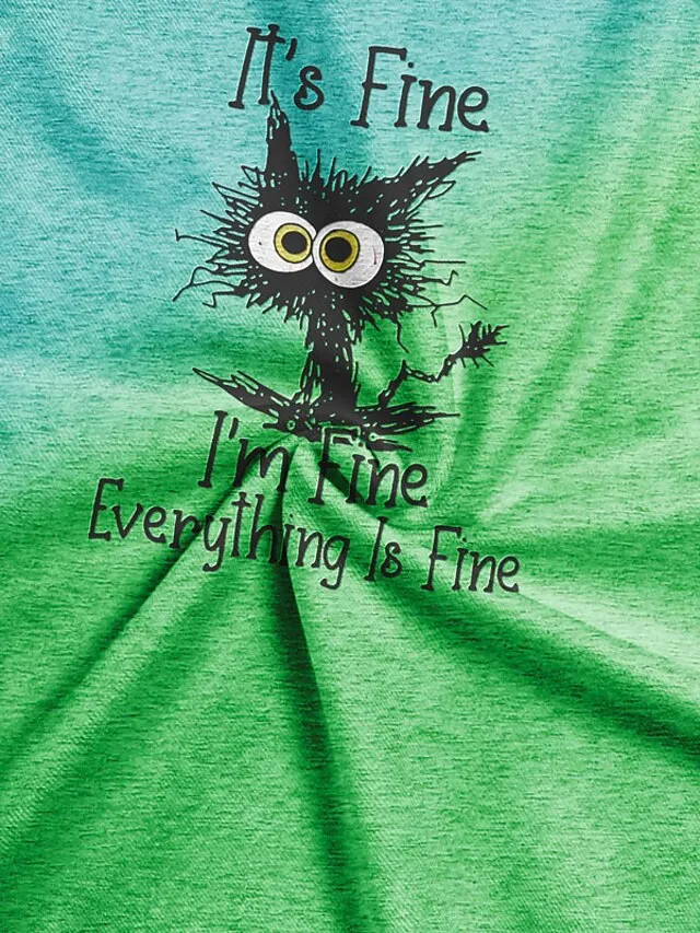 Women's T shirt Tee Yellow Blue Orange Cat Letter Print Short Sleeve Daily Weekend Basic Round Neck Regular Fit Cat Painting