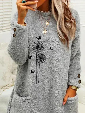 Casual Crew Neck Dandelion Sweatshirt Buttoned