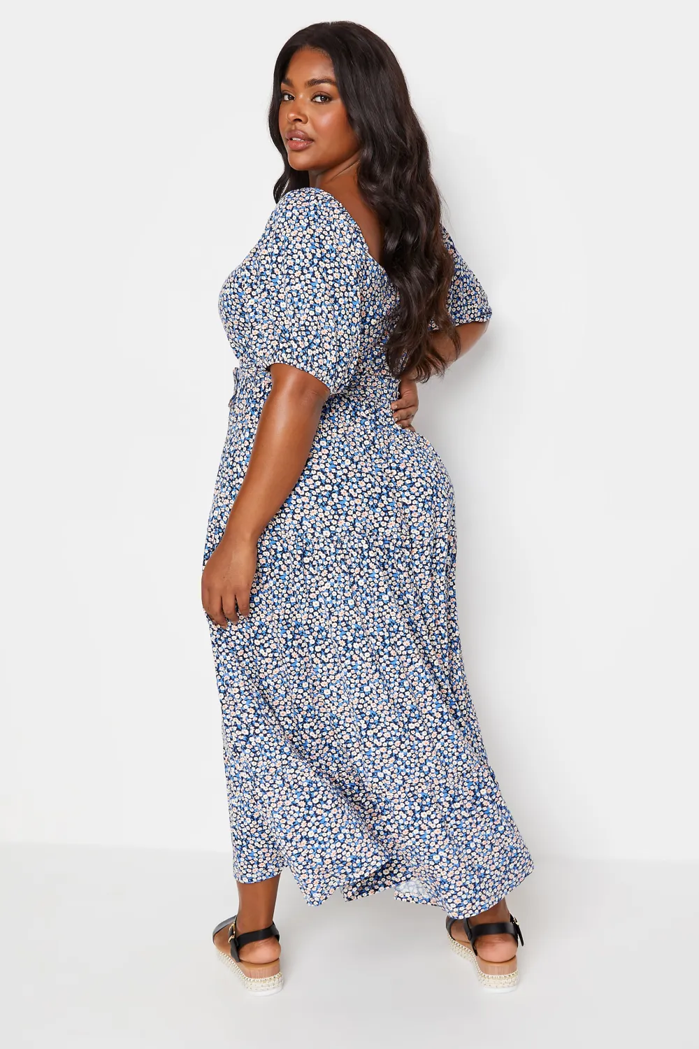 YOURS Curve Blue Ditsy Floral Tiered Maxi Dress