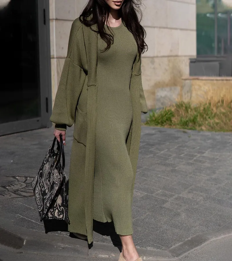 Elegant Long Sweater Dress & Cardigan Coat Two Pieces Set