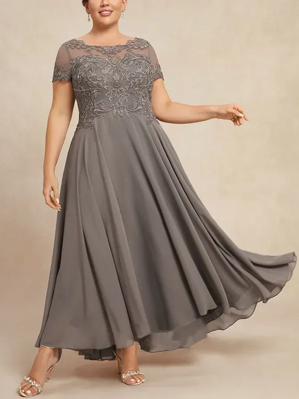 Round Neck Lace Short Sleeve Midi Dress