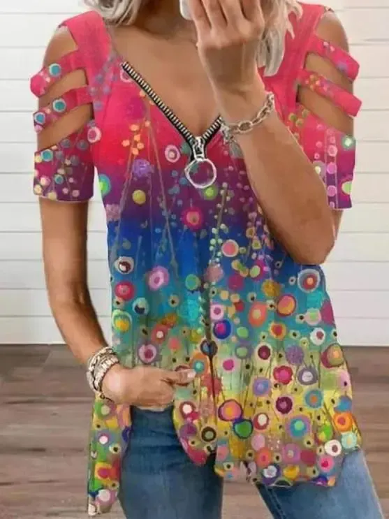 Women Short Sleeve V-neck Floral Printed Geometric Top