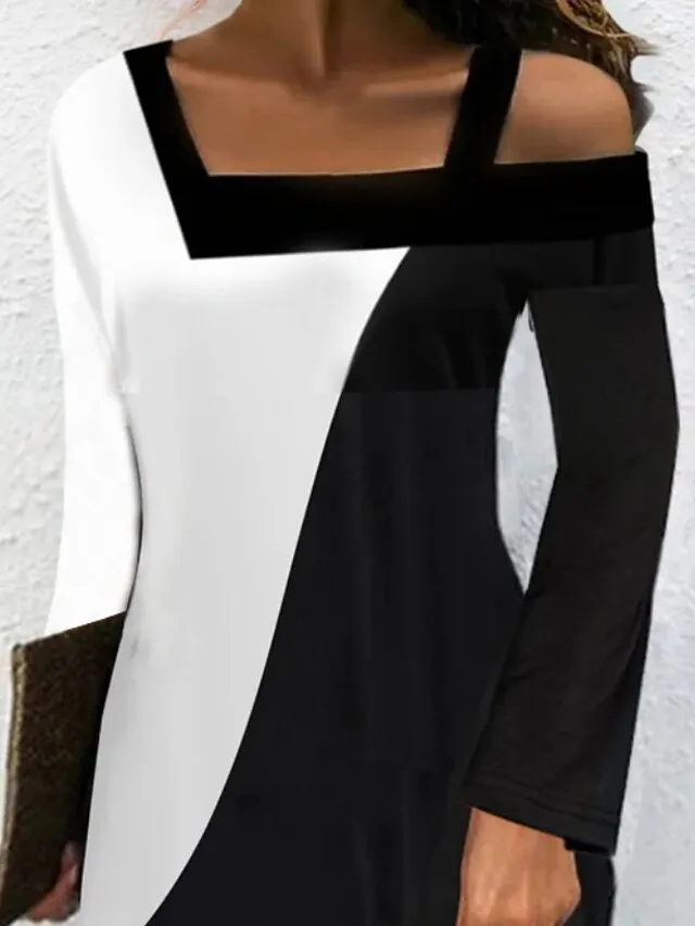 Women‘s Casual Dress T Shirt Dress Tee Dress Mini Dress Black Long Sleeve Color Block Cold Shoulder Summer Spring Fall Square Neck Fashion Summer Dress Weekend 2023 S M L XL XXL 3XL