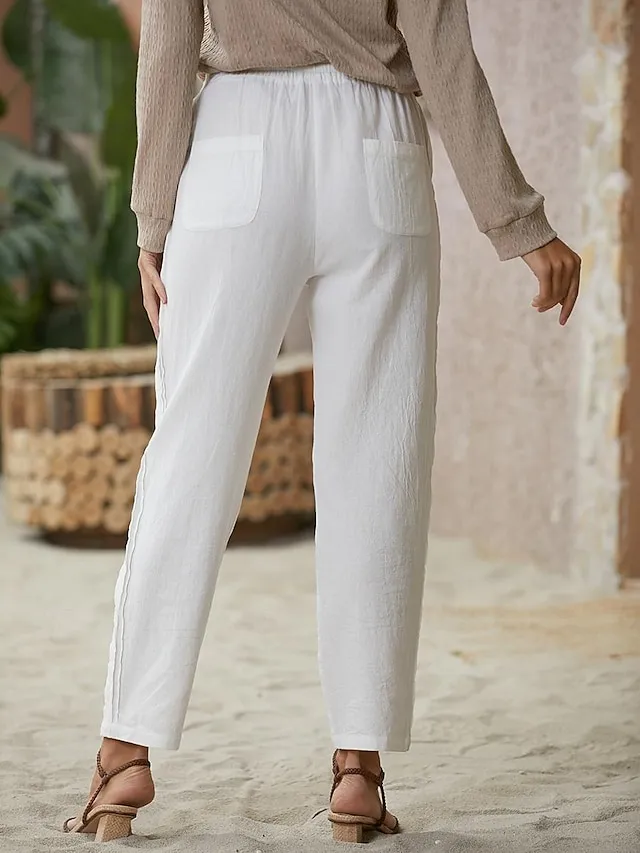 Women's Linen Pants Pants Trousers Baggy Faux Linen Plain Side Pockets Baggy Ankle-Length Fashion Casual Daily Black White S M