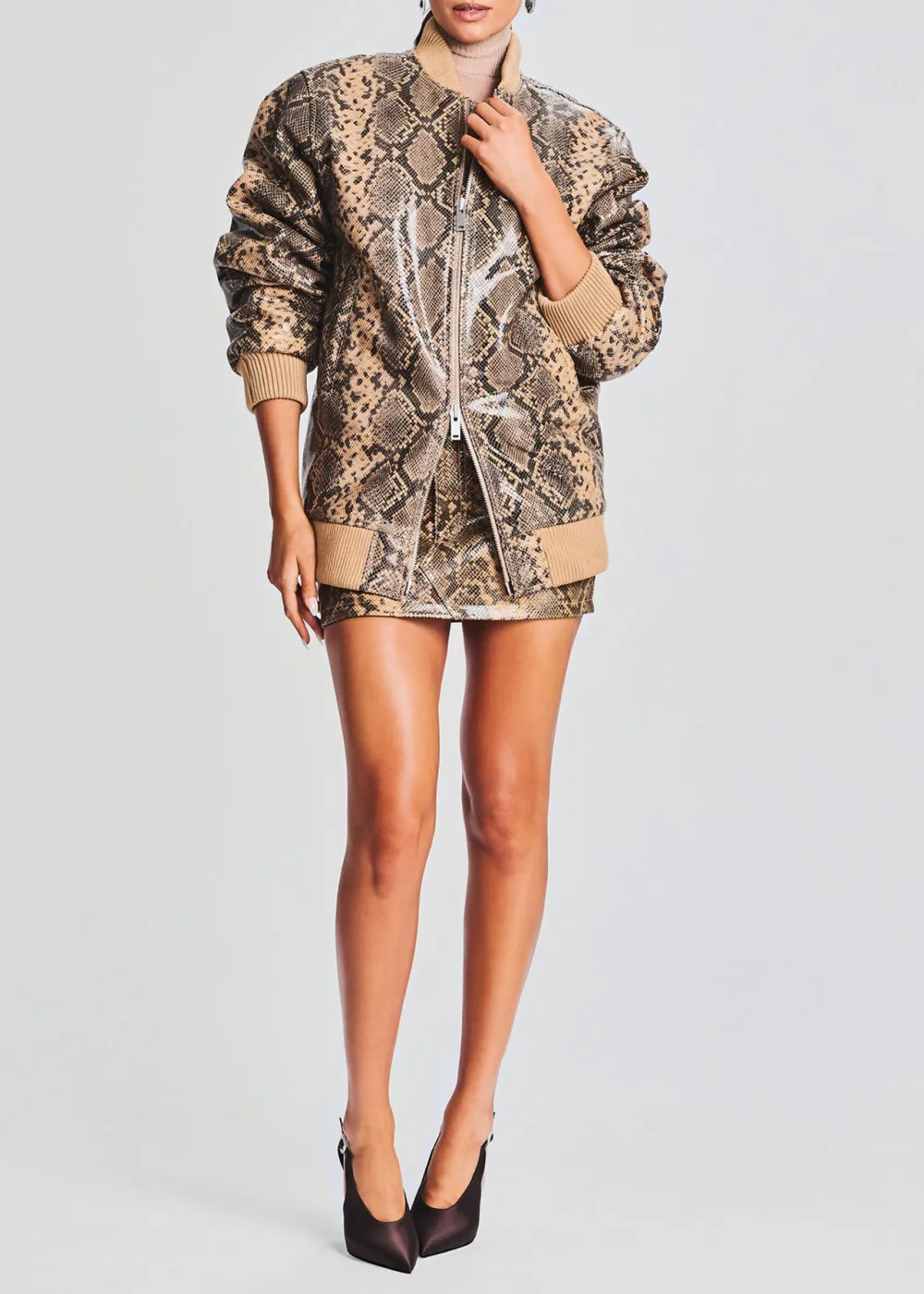 Crew Neck Leather Jacket