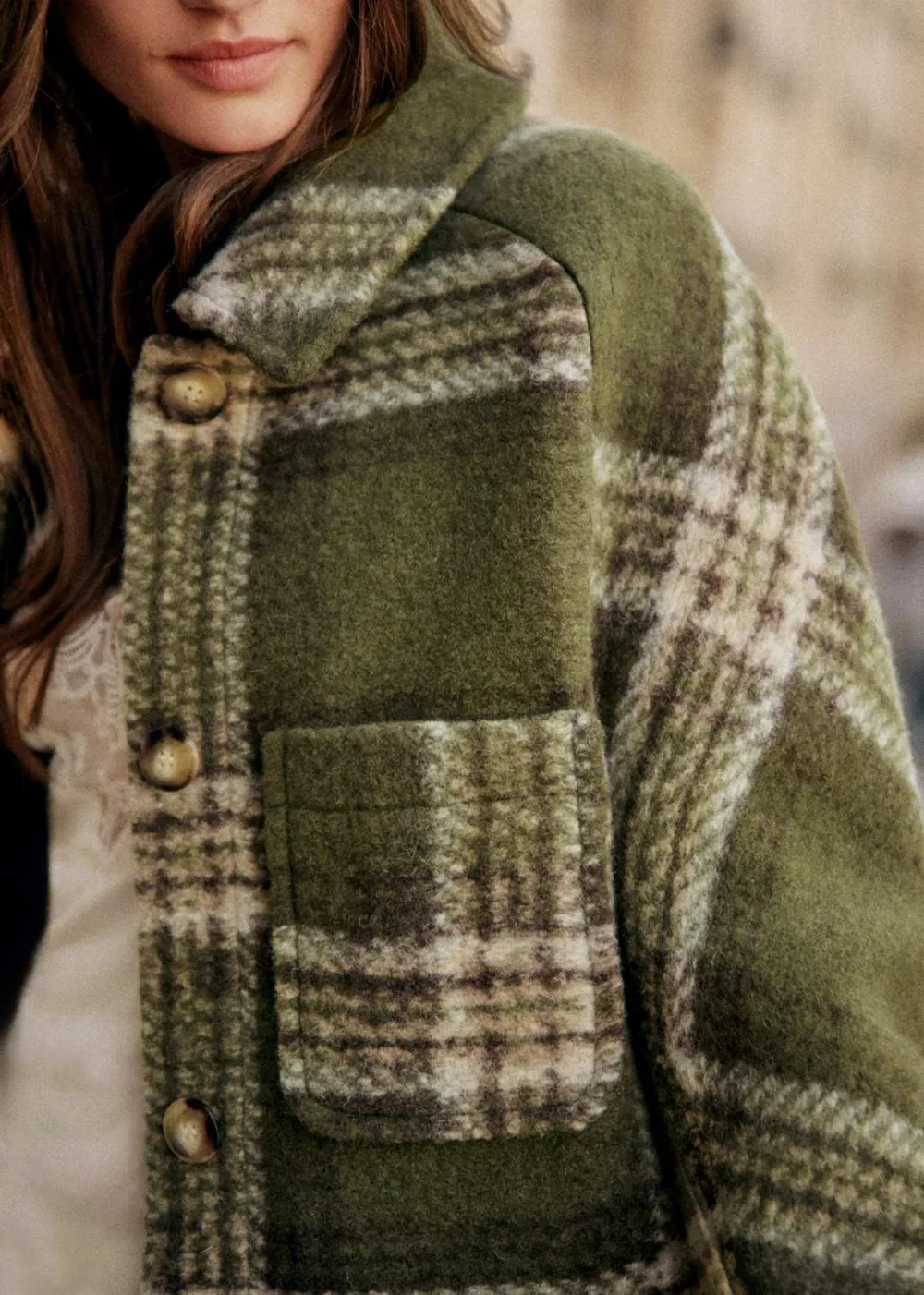Khaki Check Checked Coat With Classic Collar