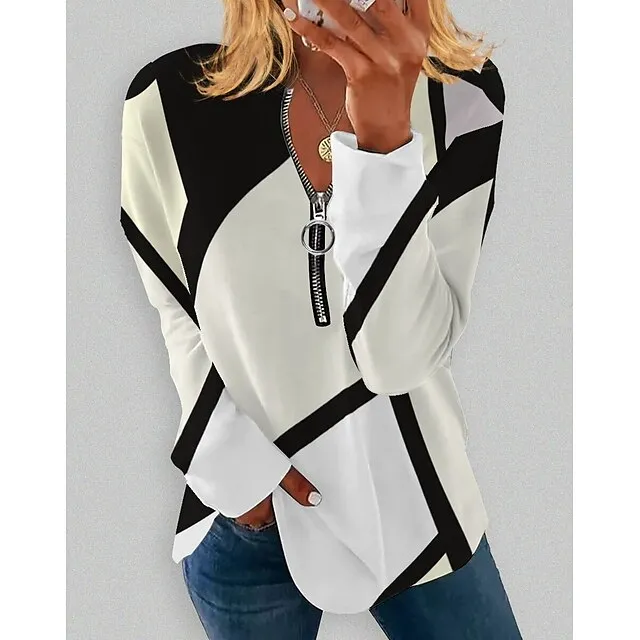 Women's Plus Size Sweatshirt Pullover Graphic Color Block Active Streetwear Quarter Zip Print White Blue Purple Daily Sports V Neck Long Sleeve Without Lining Micro-elastic Fall & Winter