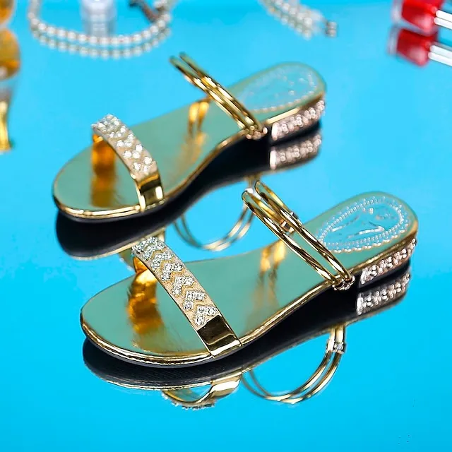 Women's Sandals Comfort Shoes Plus Size Wedding Party Daily Summer Rhinestone Low Heel Open Toe Fashion Vintage Elegant Faux Leather Loafer Solid Color Silver Pale Gold Black