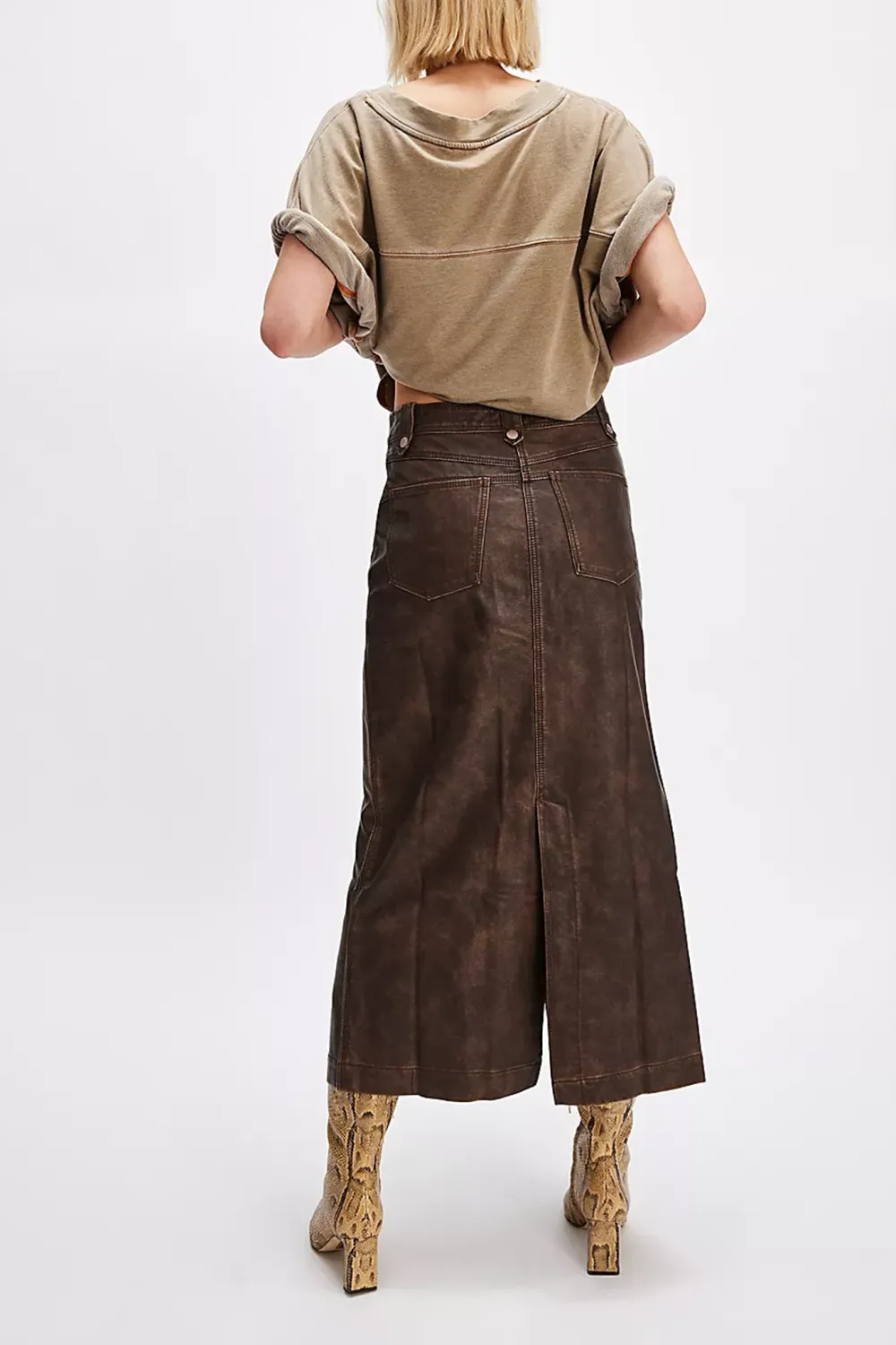 Faux Leather Button Front Slit Maxi Skirt