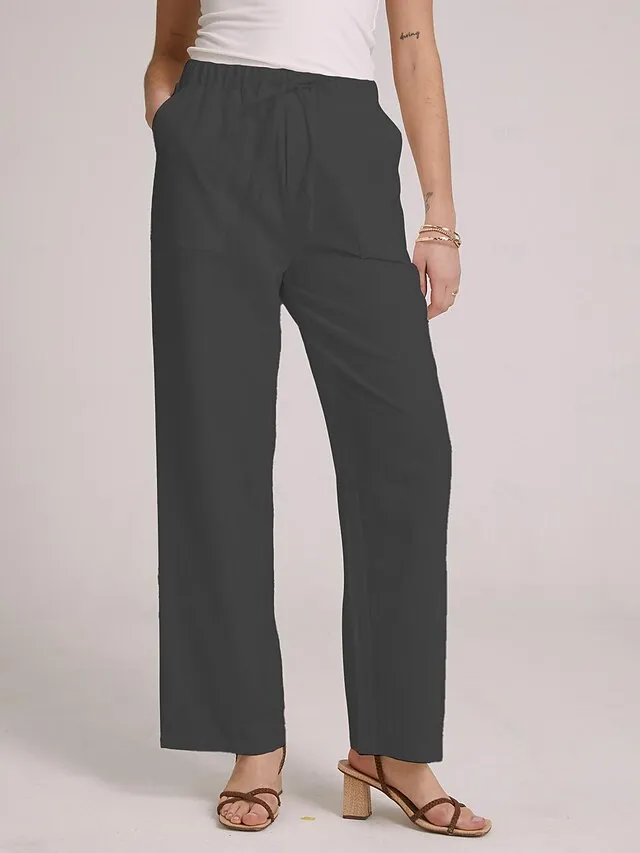 Women's Bootcut Culottes Wide Leg Chinos Cotton Faux Linen Solid Colored Baggy Mid Waist Lightweight Basic Wedding Daily Black White S M Spring &  Fall
