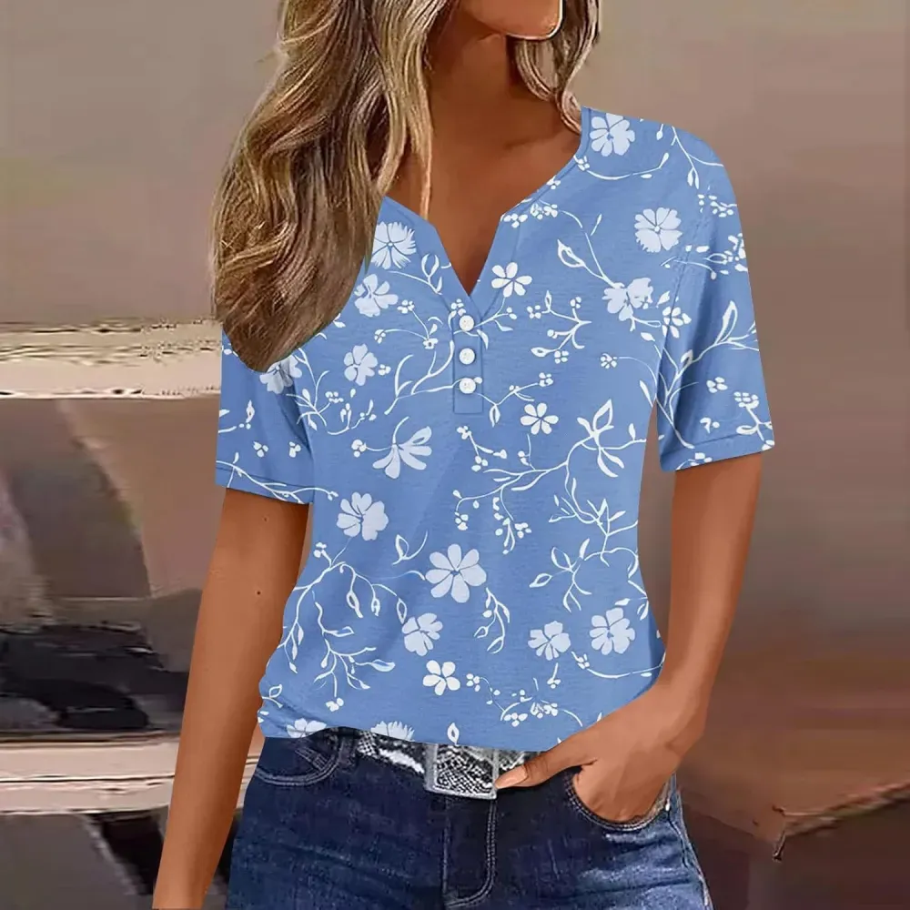 Shirts for Women Casual Printed Summer Tops Short-Sleeved Button V-Neck Tops Blouse Fashion Boho T-Shirts