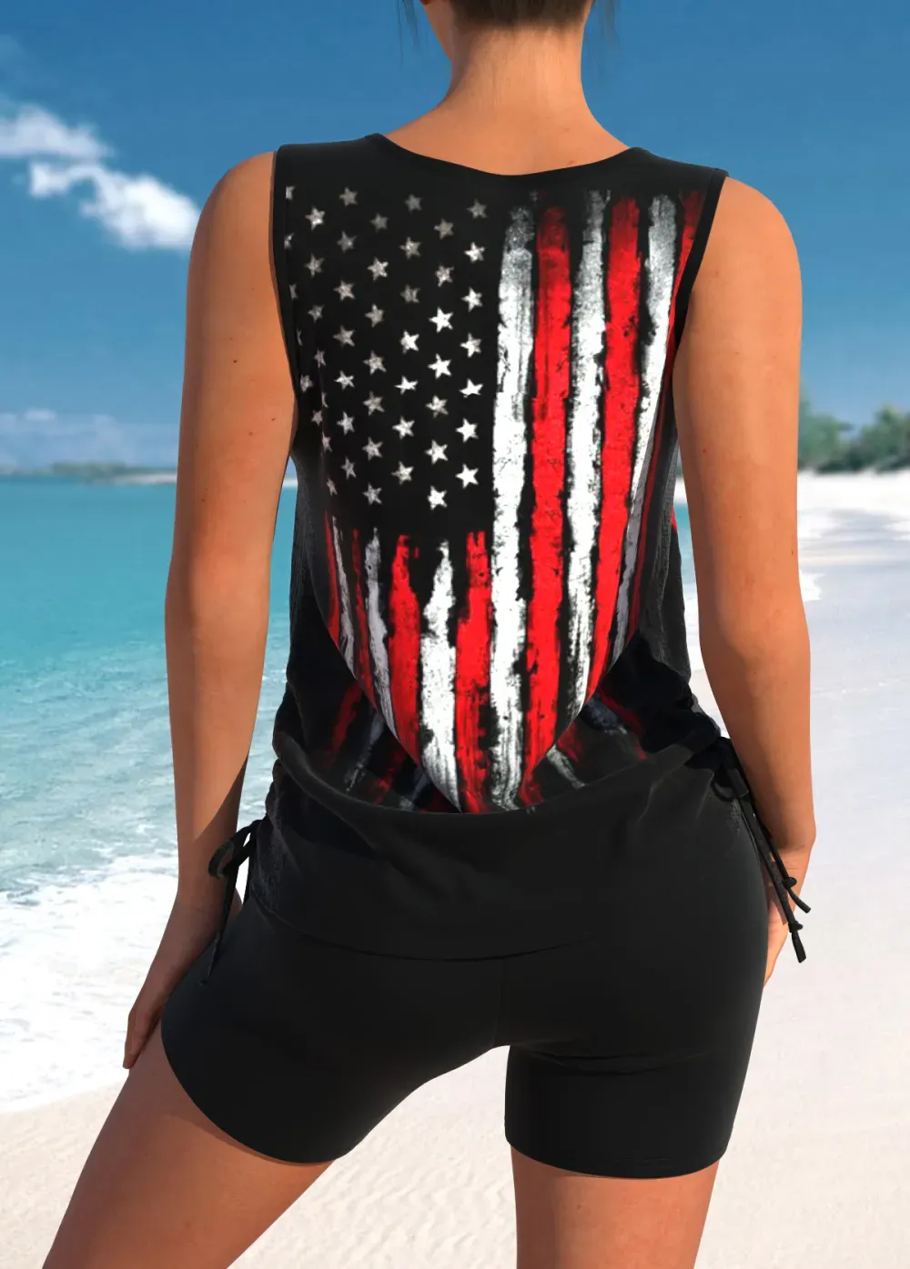 Floral Print Black Cross Strap Tankini Set