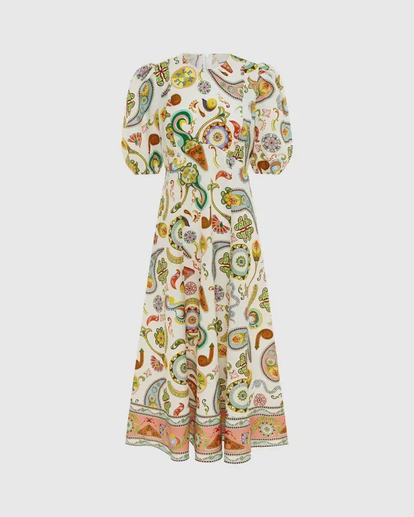 Puff Sleeves Crew Neck Midi Dress