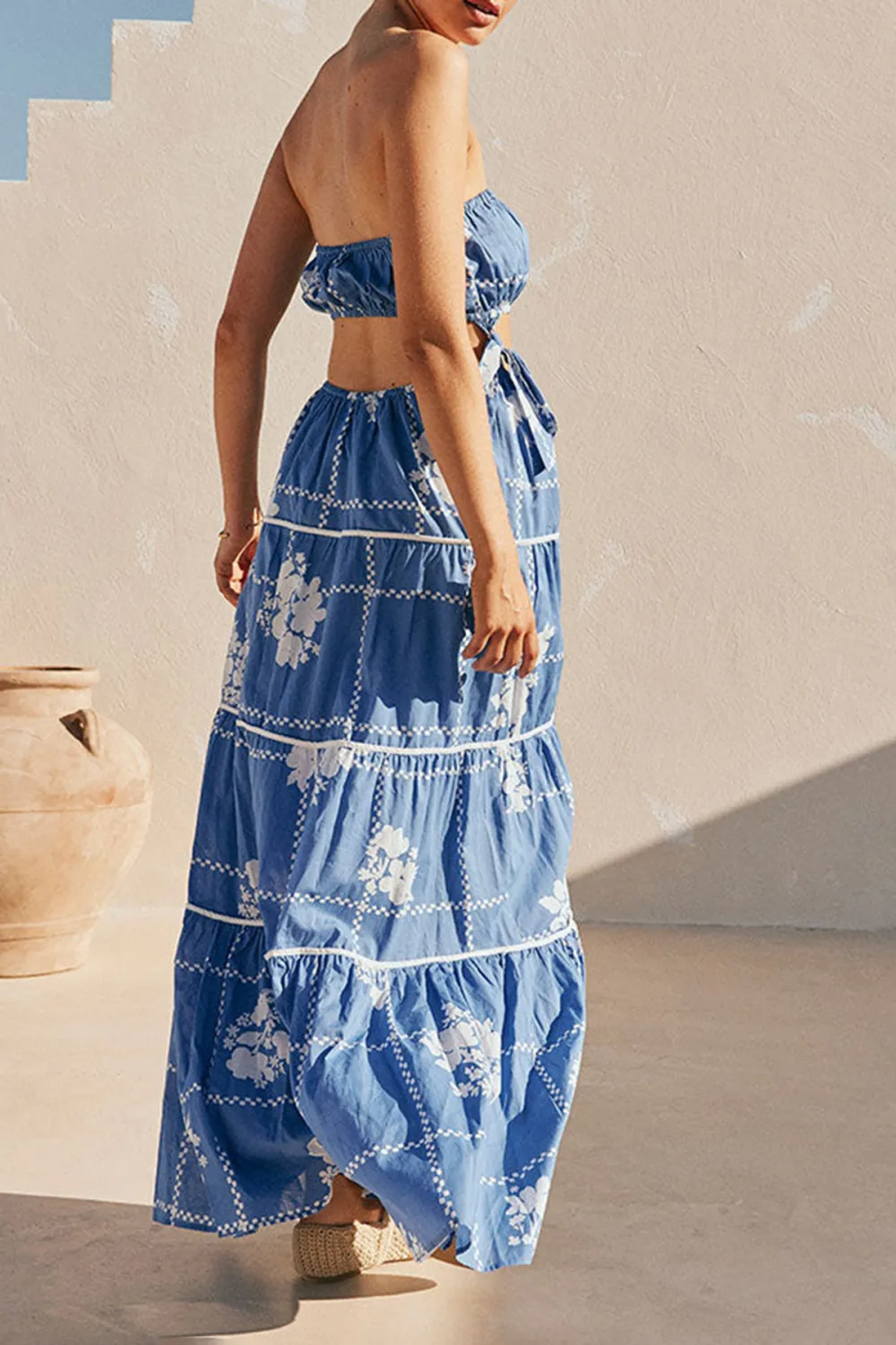 Strapless Tiered Floral Print Maxi Dress