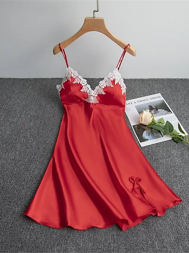 Women's Pajamas Nightgown Nightshirt Dress Dot Pure Color Simple Casual Soft Home Daily Bed Satin Breathable Straps Sleeveless Backless Chest pads Summer Spring Black White