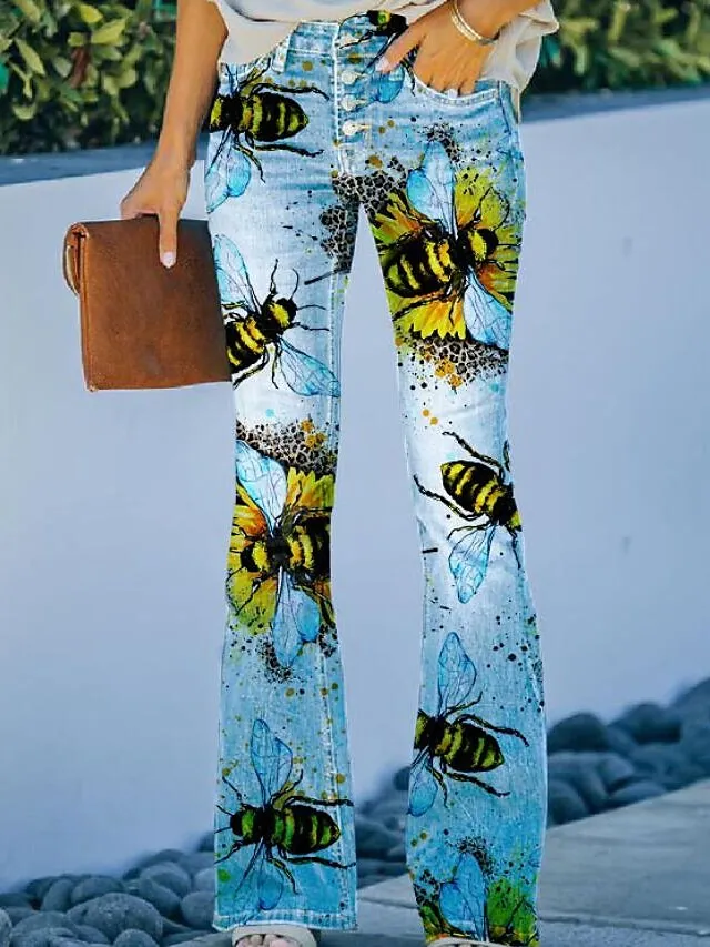 Women's Jeans Bootcut Flared Pants Full Length Faux Denim Print High Elasticity High Waist Fashion Streetwear Casual Daily 1 2 S M Fall & Winter