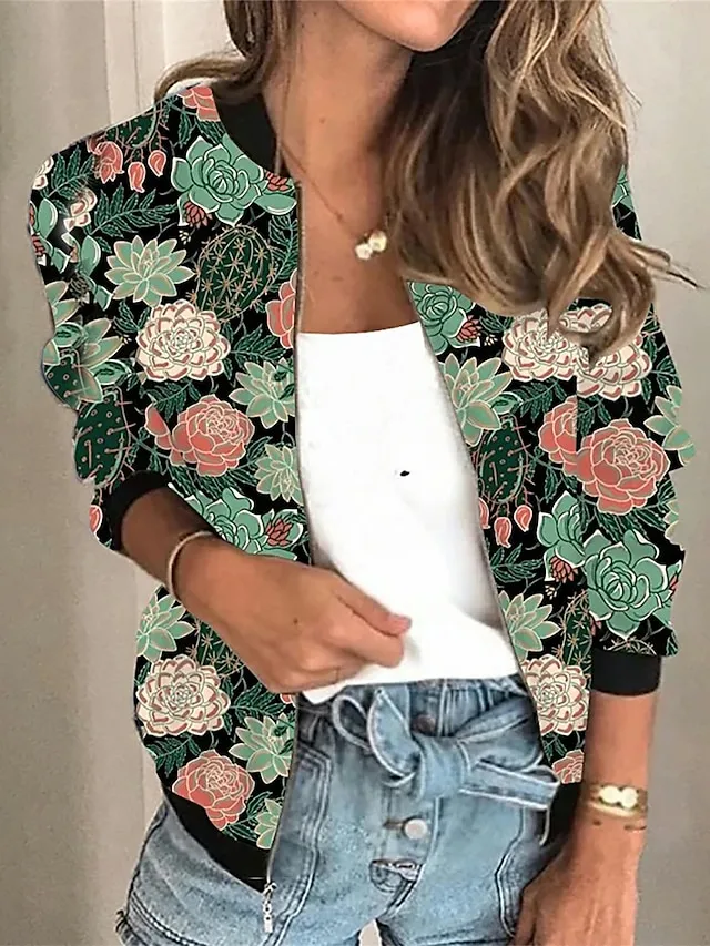 Women's Bomber Jacket Casual Jacket Outdoor Zipper Floral Pattern Breathable Streetwear Regular Fit Outerwear Long Sleeve Summer Black