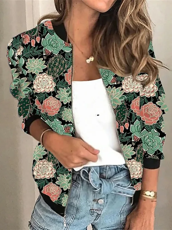 Women's Bomber Jacket Casual Jacket Outdoor Zipper Floral Pattern Breathable Streetwear Regular Fit Outerwear Long Sleeve Summer Black