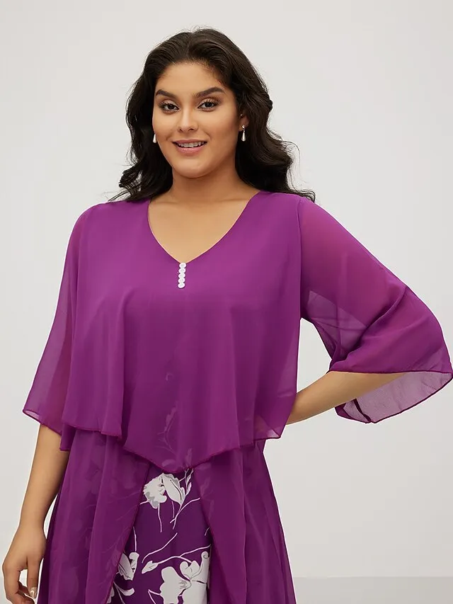 Women‘s Plus Size Curve Work Dress Floral V Neck Ruched 3/4 Length Sleeve Spring Summer Work Elegant Midi Dress  Layered Formal Vacation Dress Wedding Guest Dress