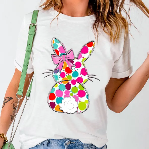 Colorful Easter Bunny Printed Round Neck Short Sleeve T-Shirt