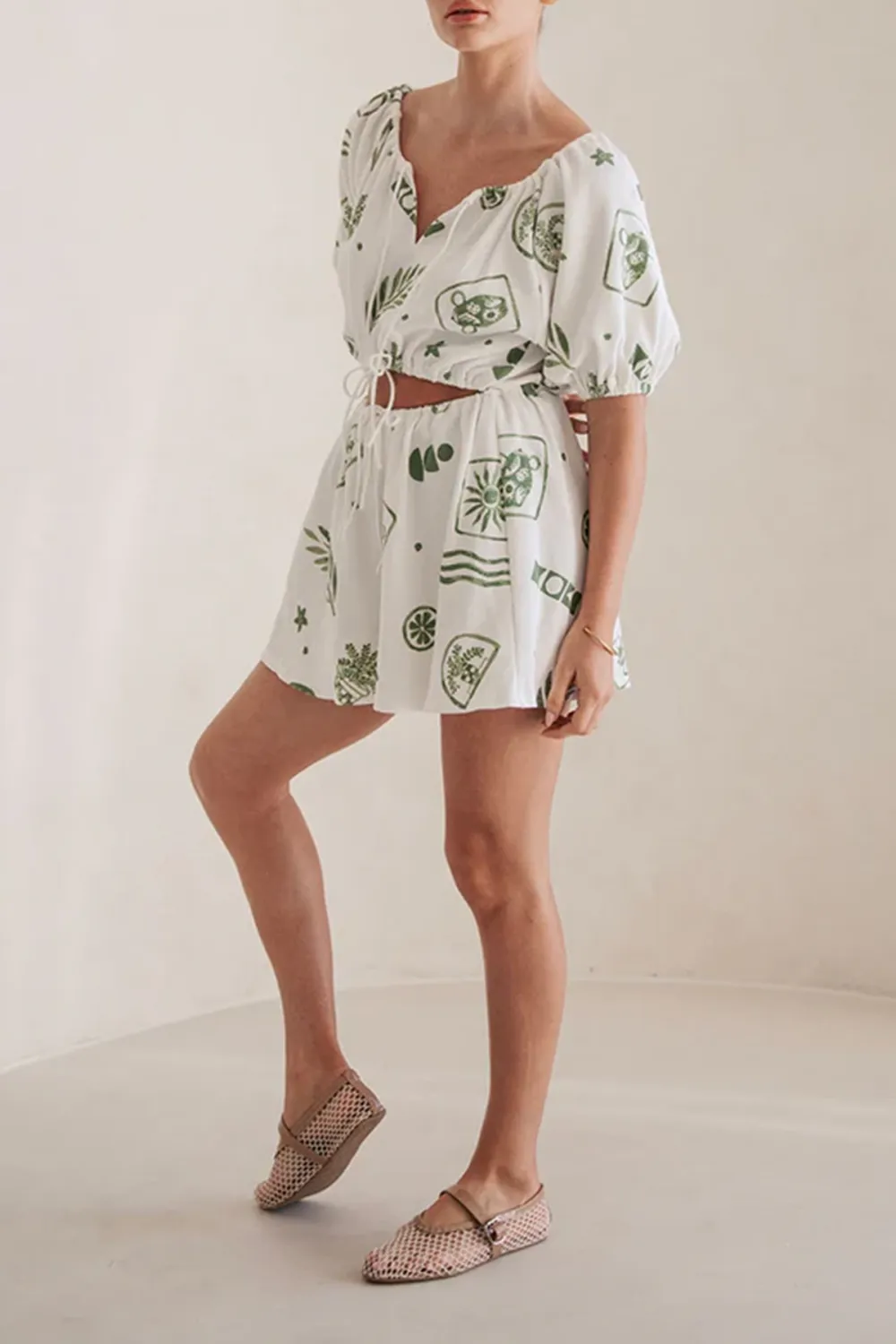 Leaf Print Short Sleeve Tie Waist Mini Dress