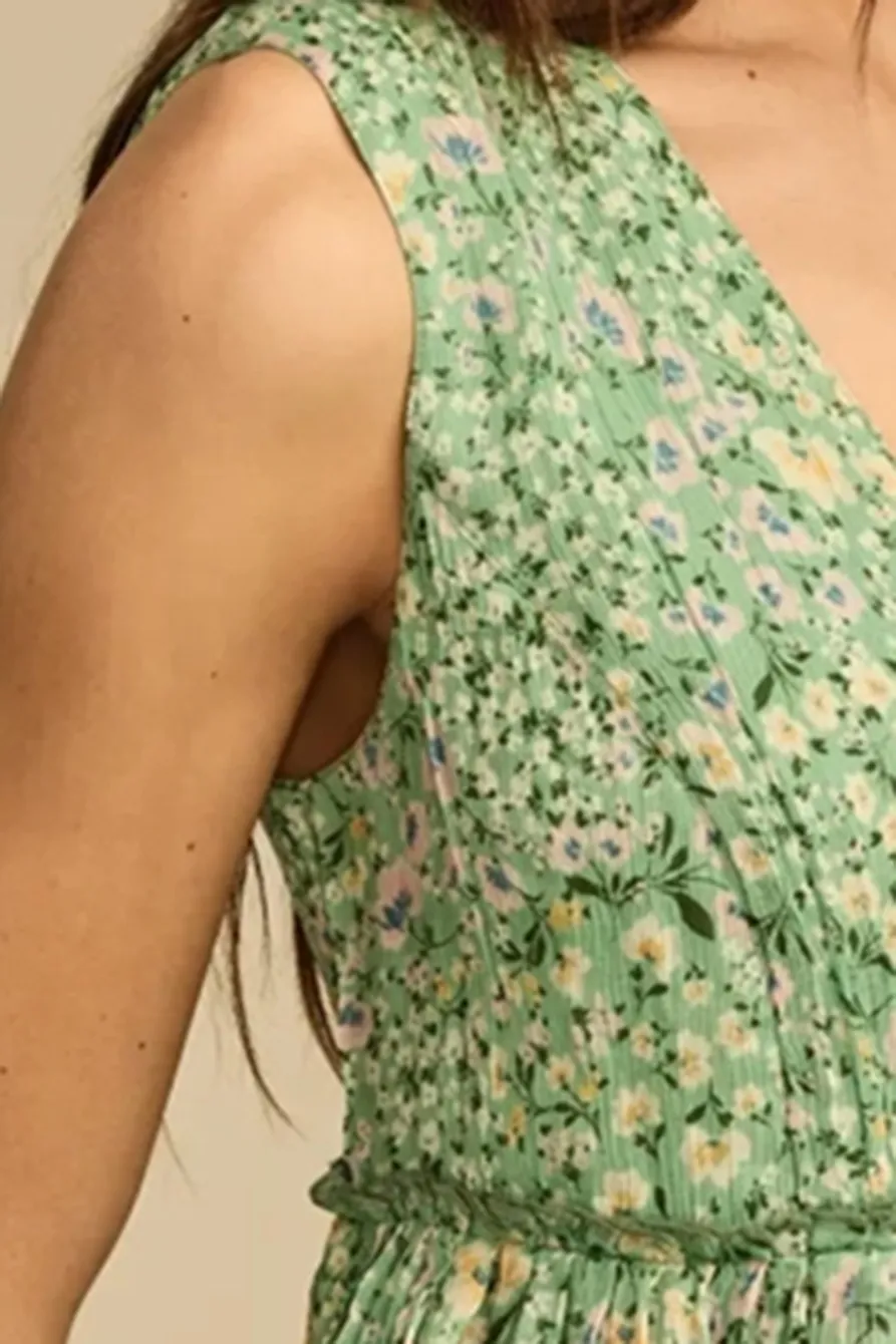 Green Floral Printed Ruched Ruffle V Neck