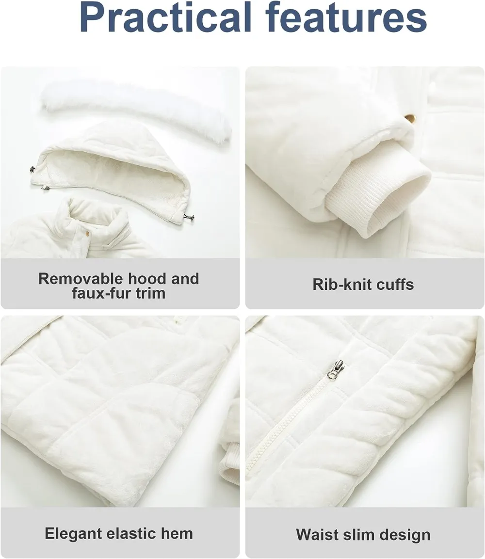 Women's Warm Winter Coat Velvet Puffer Jacket Quilted Faux Fur Hood