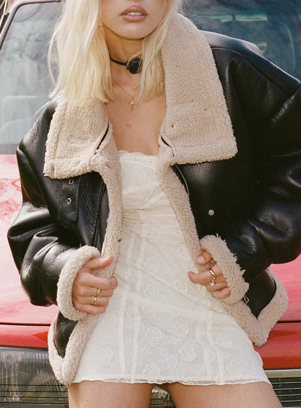 Black Faux Leather Jacket with Shearling Trim