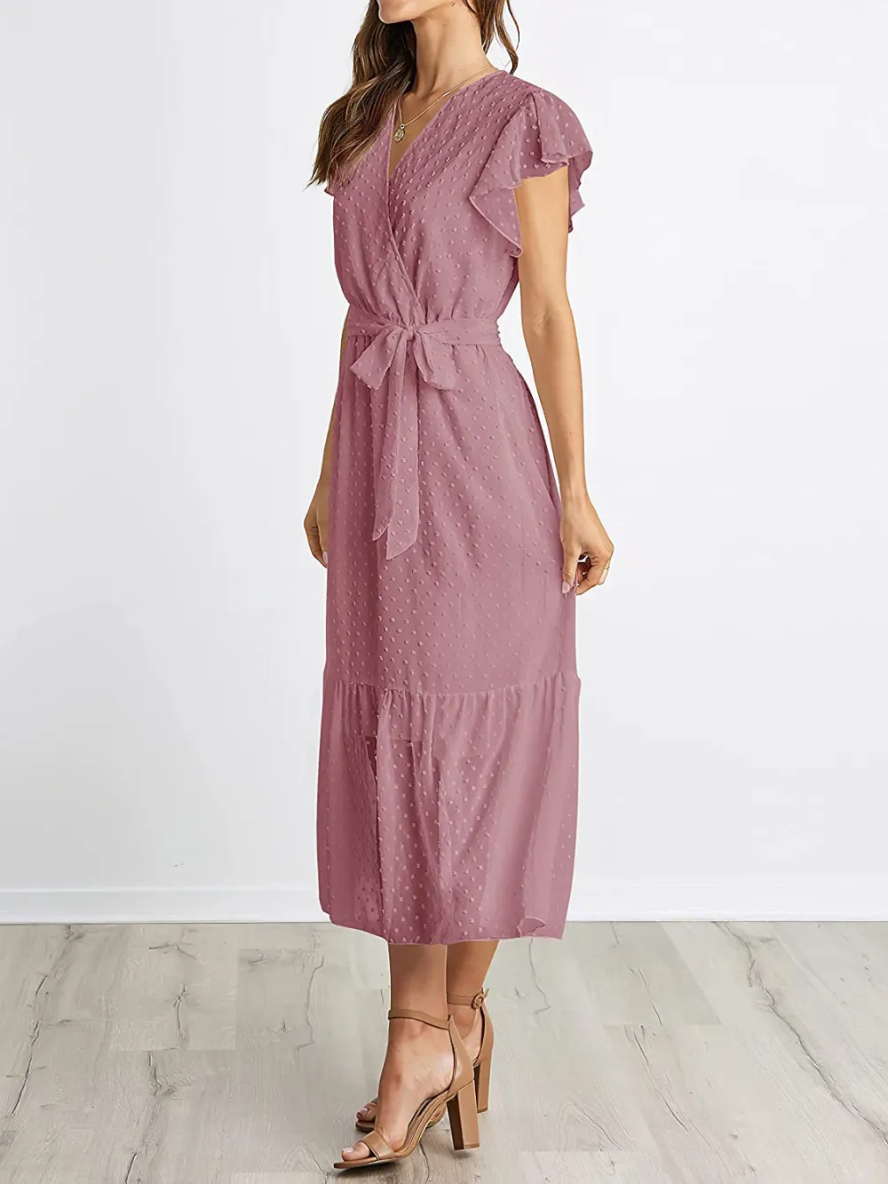 Women Summer Bohemian Floral Casual Wrap V Neck Ruffle Cap Sleeveless Belt A-Line Pleated Hem Swing Midi Sun Dress