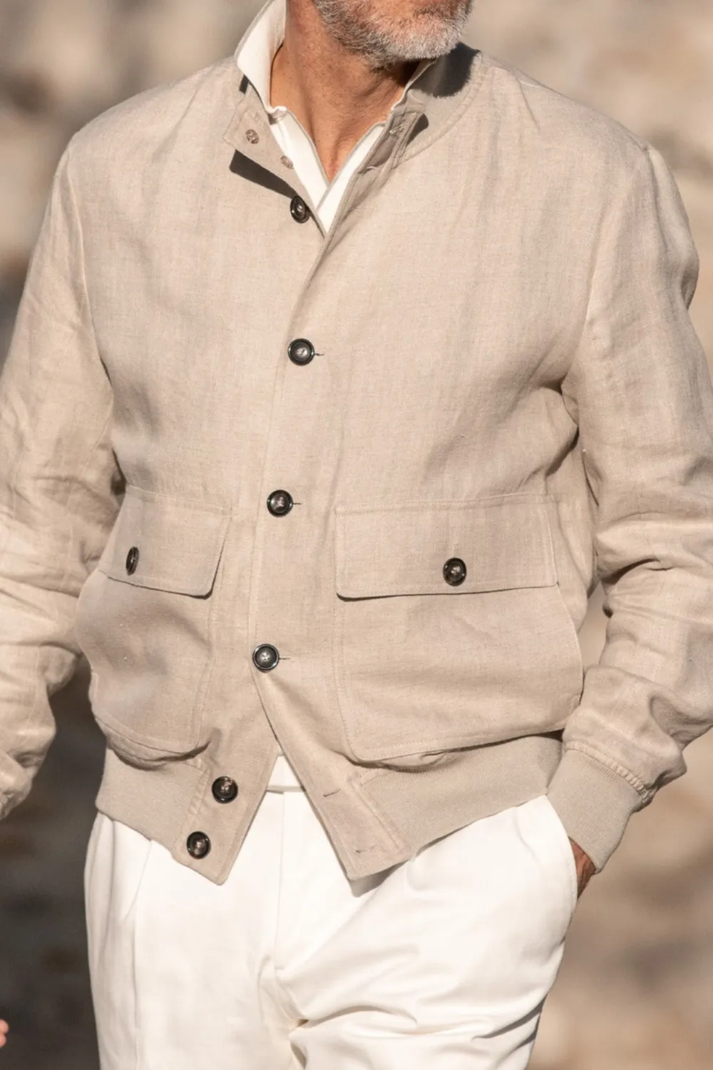 Beige Linen Bomber Jacket