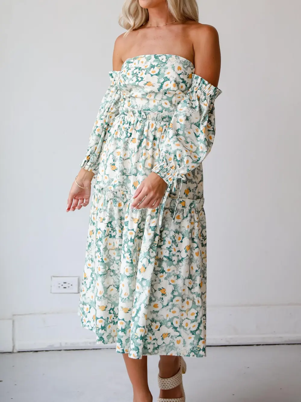 Delightful Aspect Sage Floral Off-The-Shoulder Midi Dress