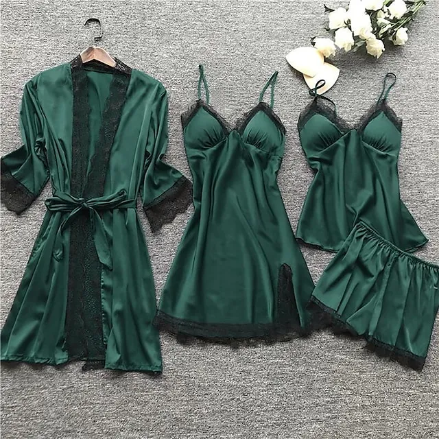 Women's Lace Satin Silk Pajamas Sets 4 Pcs Home Party Daily St.Patrick's Day Elastic Waist Pure Color Satin Simple Casual Soft Strap Top Shorts Fall Winter Spring Strap Short Sleeves Long Sleeve
