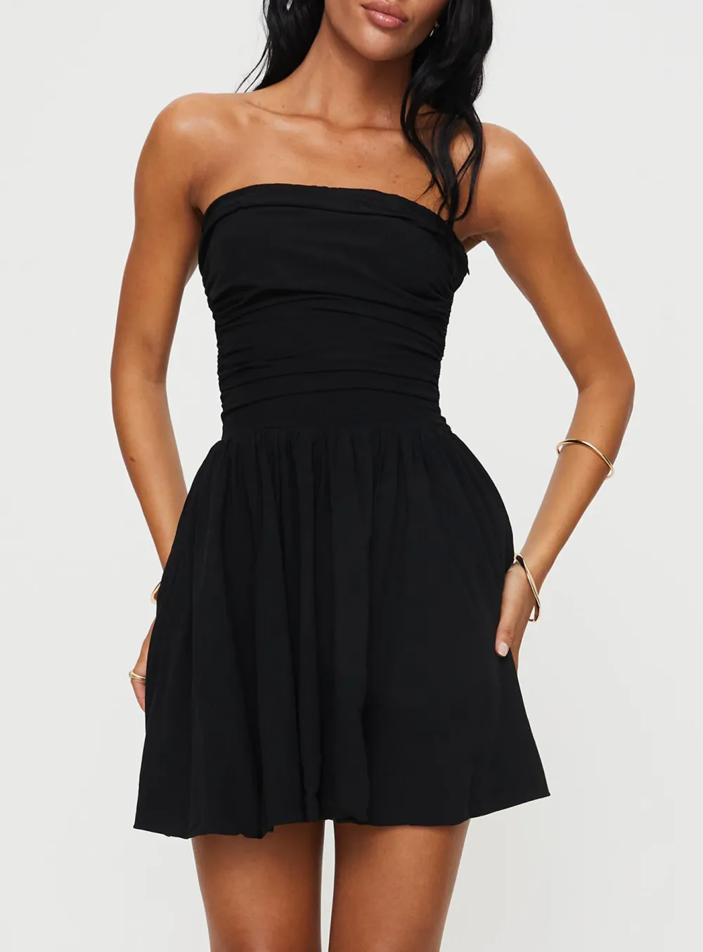 Black Strapless Pleated Mini Dress