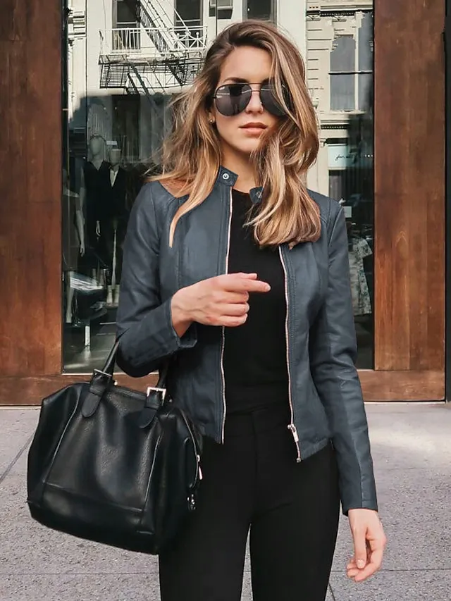 Women's Faux Leather Jacket Clean Fit Faux Motorcycle Moto Biker Coat Plus Size Short Zipper Jacket Light Pink Navy Wine Red ArmyGreen  Chic & Modern Street Fall Collarless Slim Fit S M L XL XXL XXXL