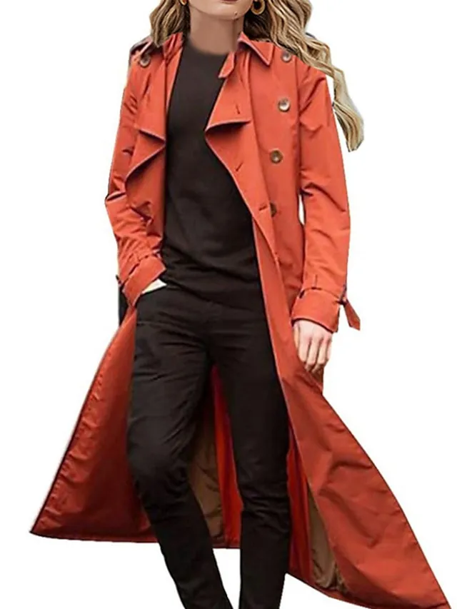 Women's Trench Coat Casual Jacket Street Daily Going out Fall Winter Long Coat Regular Fit Breathable Casual Jacket Long Sleeve Plain with Pockets Green Khaki Orange