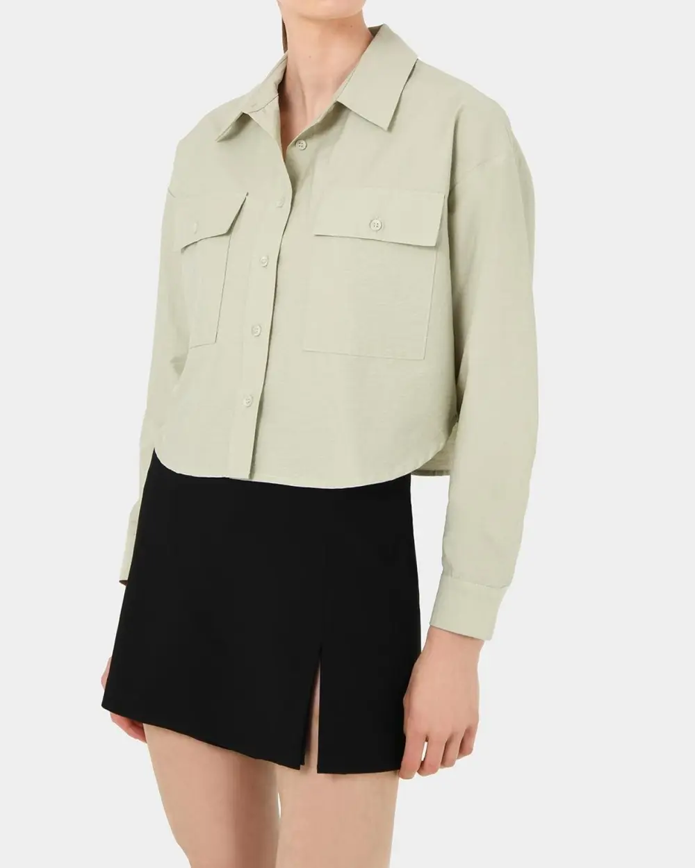 Collared Neckline Crop Pocket Shirt