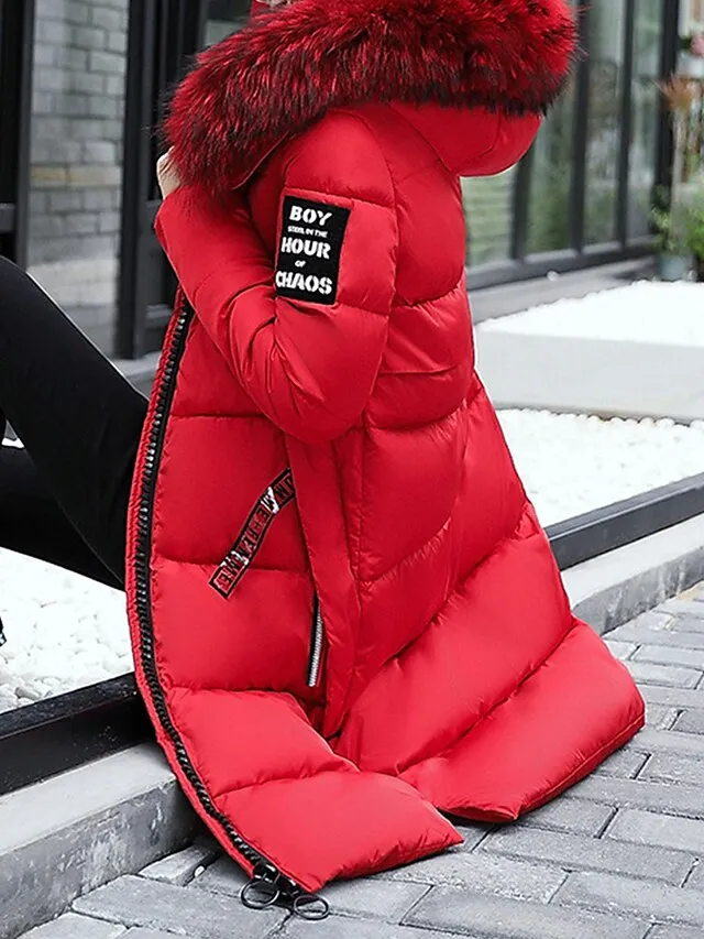 Women's Parka Long Puffer Jacket Winter Coat Zip up Hooded Coat with Fur Collar Thermal Warm Heated Coat Fall Brown Maillard Outerwear with Pockets Warm Classic Long Sleeve Fall Red