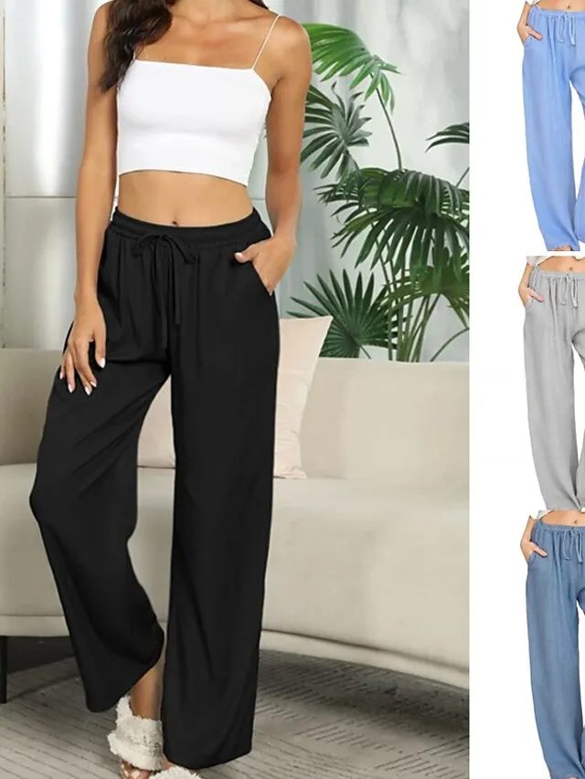 Women's Basic Essential Classic Culottes Wide Leg Chinos Drawstring Pants Casual Inelastic Solid Colored Faux Linen Lightweight Mid Waist Loose Black Blue Gray Dusty Blue S M L XL XXL