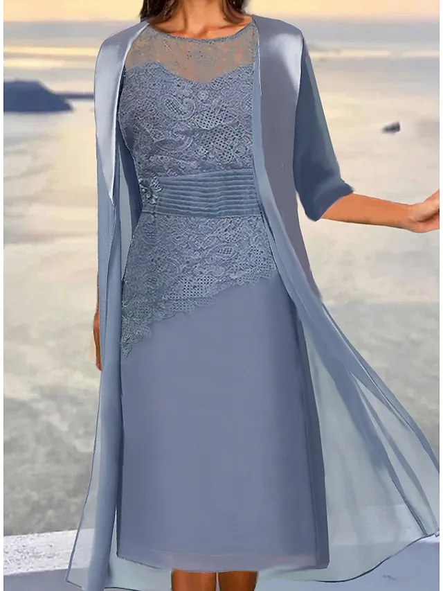 Women's Lace Dress Dress Set Wedding Guest Dress Midi Dress Dusty Blue Green 3/4 Length Sleeve Pure Color Lace up Summer Spring Fall Crew Neck Elegant Party Wedding Guest 2023 S M L XL 2XL 3XL