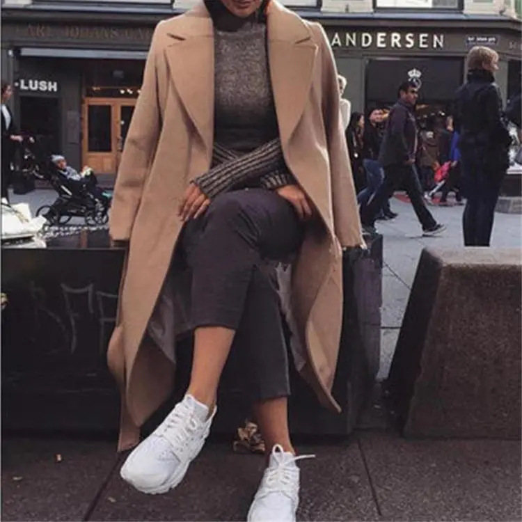 Women Fashion Lapel Pocket Pure Color Coat