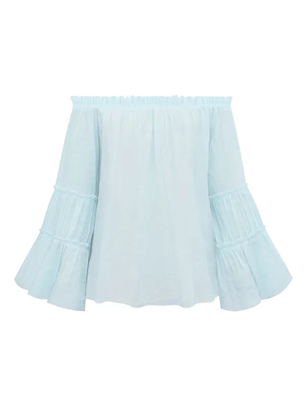 Urban Solid Color Pleated Puff Sleeves Off-The-Shoulder Blouse