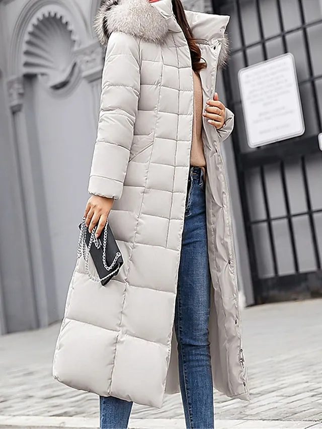 Women's Parka Winter Long Puffer Jacket Thicken Warm Coat with Fur Collar Windproof Casual Jacket Zip up Quilted Long Sleeve with Pockets