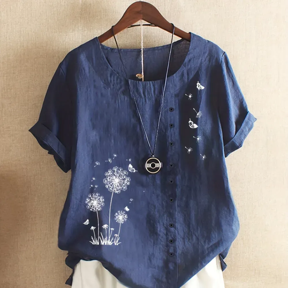 Women's Plus Dandelion Print Tee, Short Sleeve, Casual, Round Neck, Plus Size
