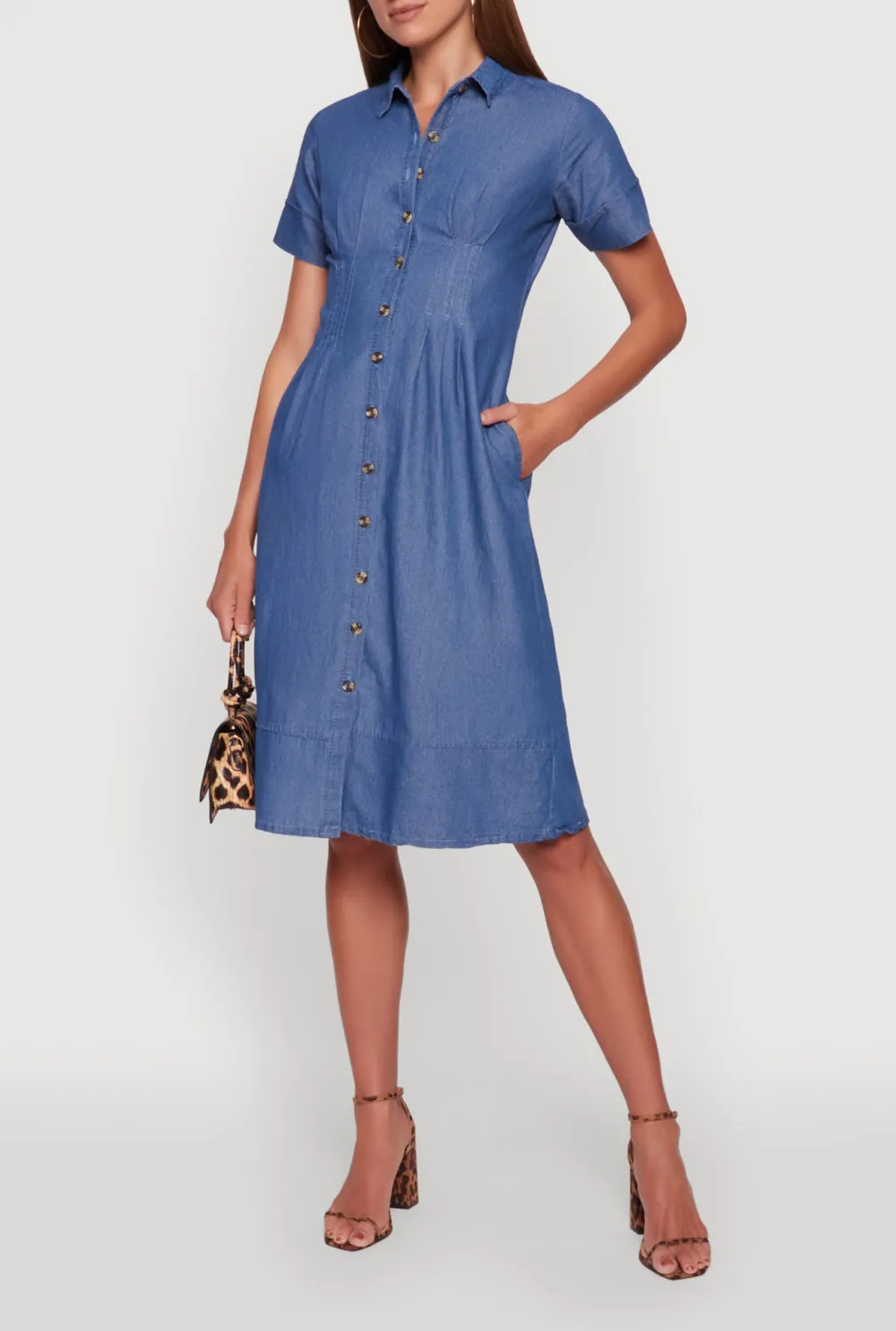 Solid Color Short Sleeved Lapel Dress