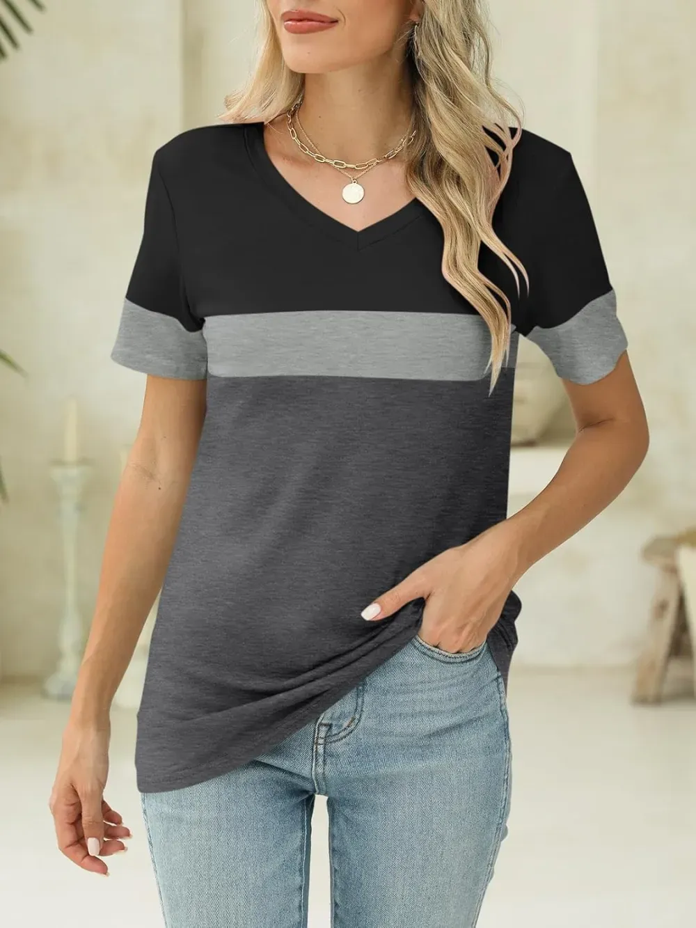 ORANDESIGNE Women's Color Block Short Sleeve T Shirts Casual V Neck Summer Tops Tees Loose Fit Blouses