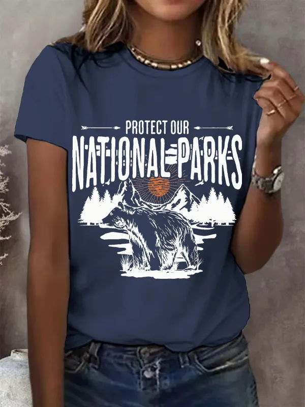 T-Shirt Women Protect Our National Parks Printed Crew-Neck T-Shirt Theme Printed Short Sleeve