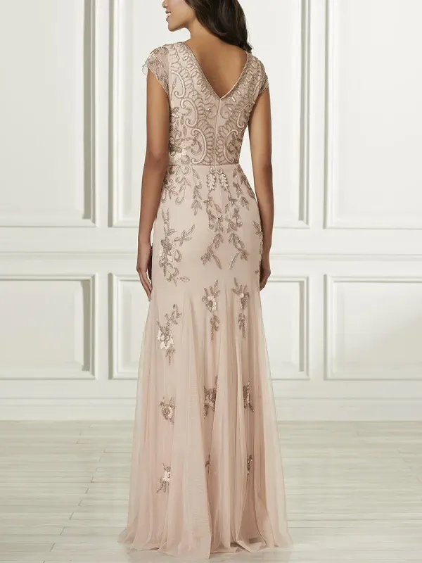 V-neck short-sleeved mesh sequin maxi dress